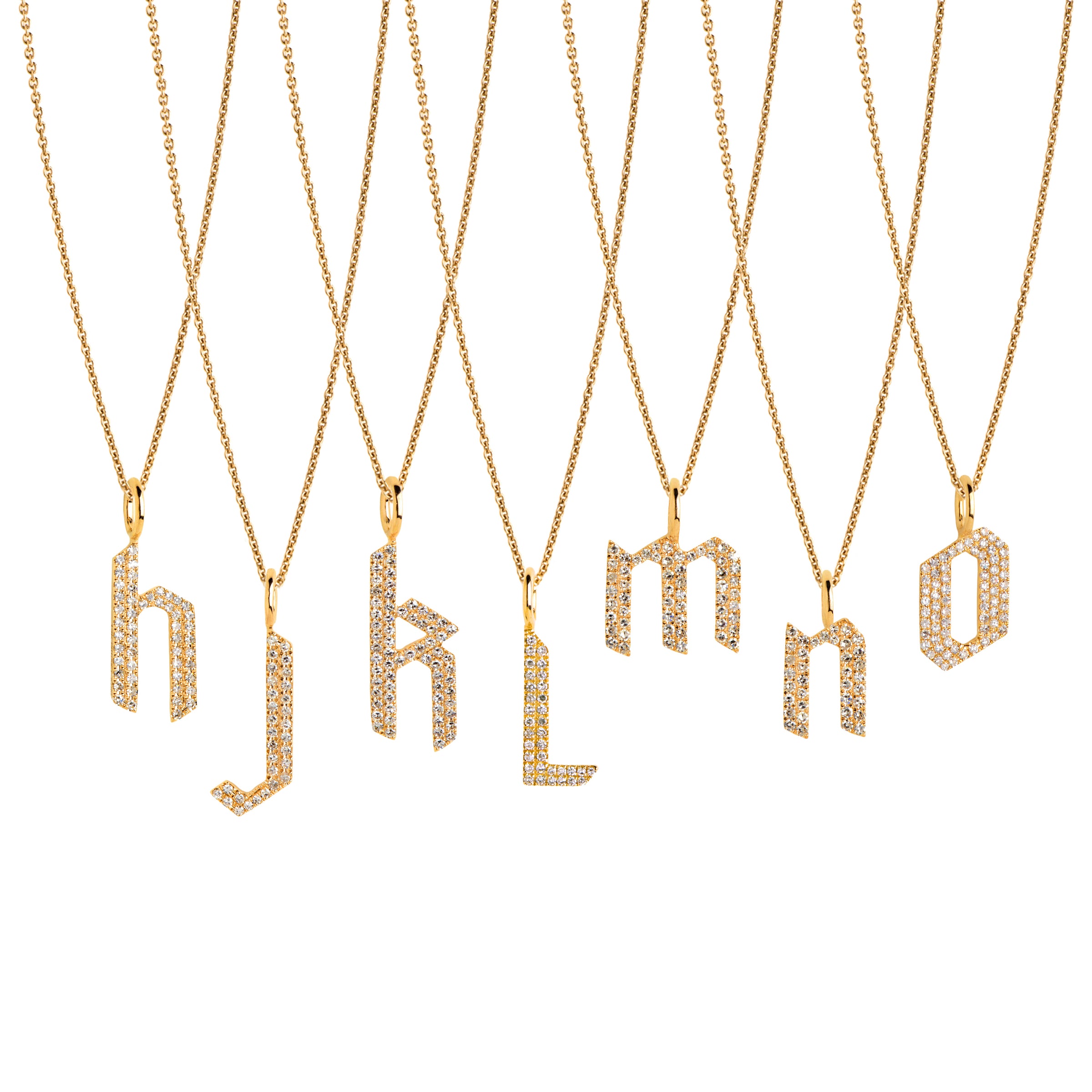 h -o Small White Diamond Alphabet Necklaces: A series of 14K gold necklaces with white diamond letters, adjustable in length and featuring a lobster clasp fastening.