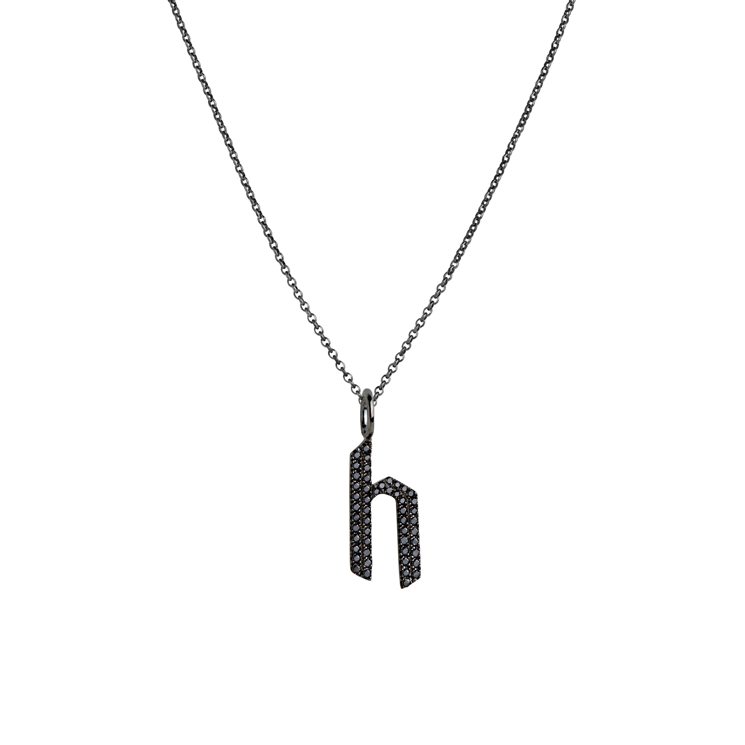 "h" Small Black Diamond Alphabet Necklace: A black gold diamond alphabet pendant with the letter 'h' with a chain