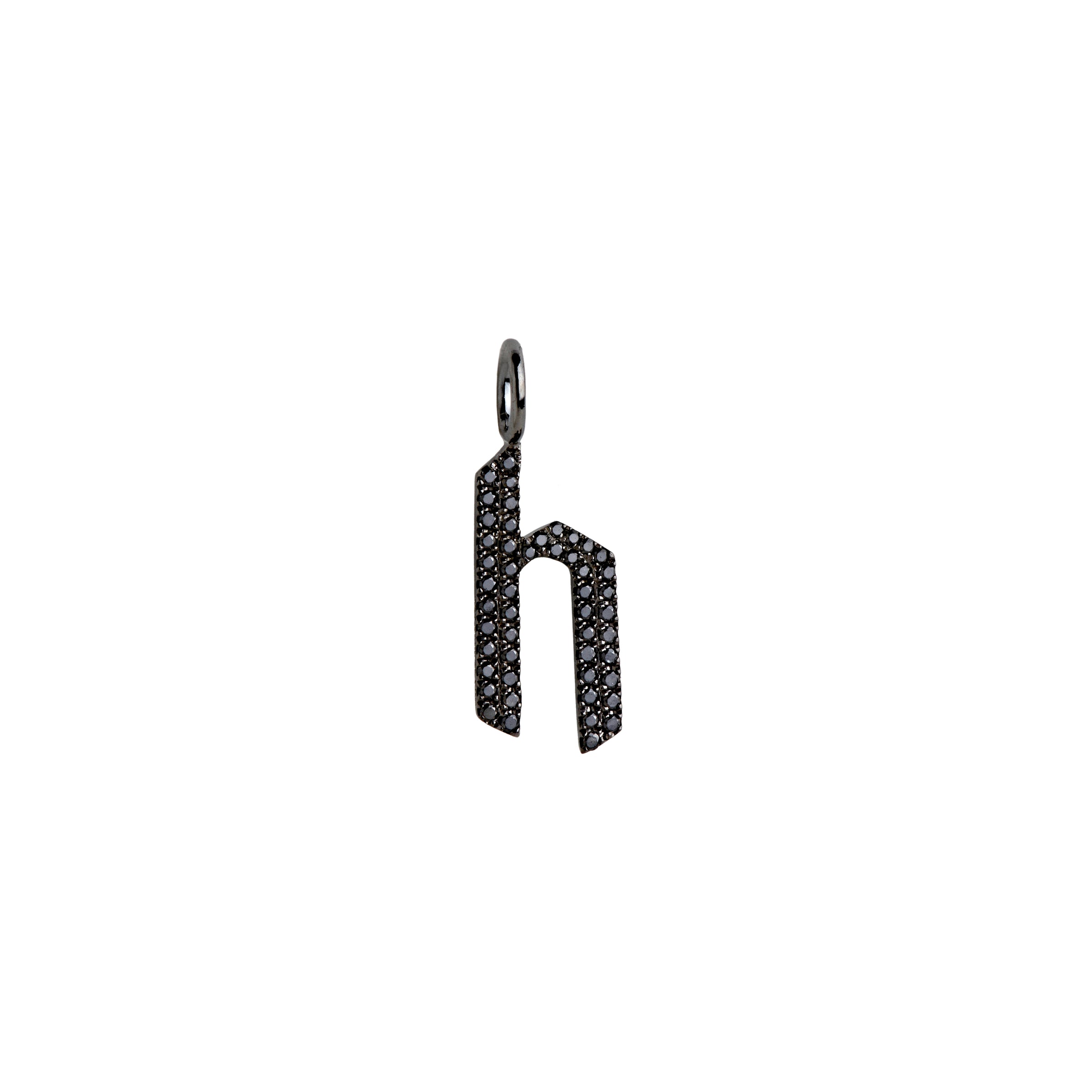 "h" Small Black Diamond Alphabet Pendant: A black gold diamond alphabet pendant with the letter 'h' with a chain