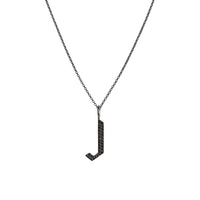 "J" Small Black Diamond Alphabet Necklace: A black gold diamond alphabet pendant with the letter 'J' with a chain