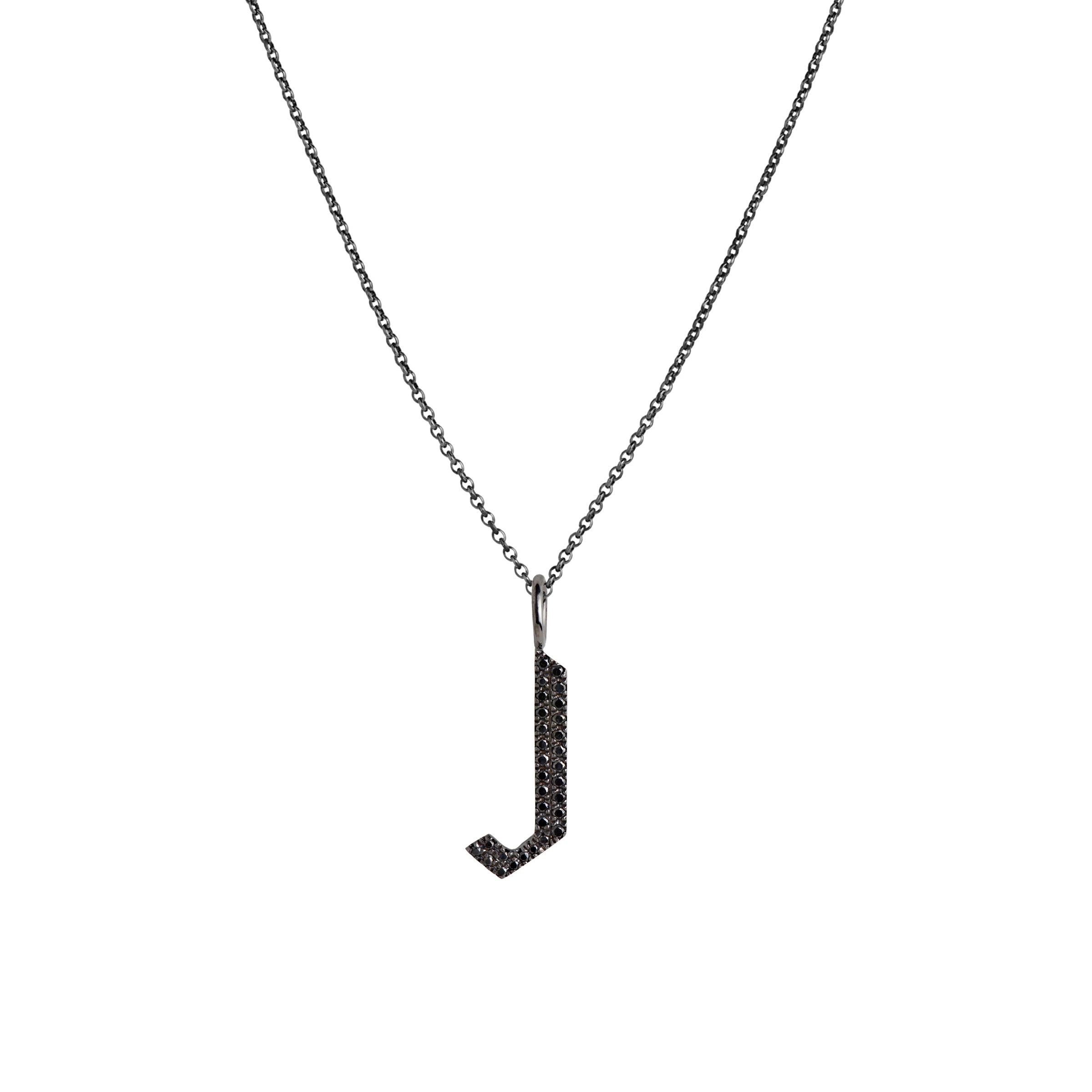 "J" Small Black Diamond Alphabet Necklace: A black gold diamond alphabet pendant with the letter 'J' with a chain