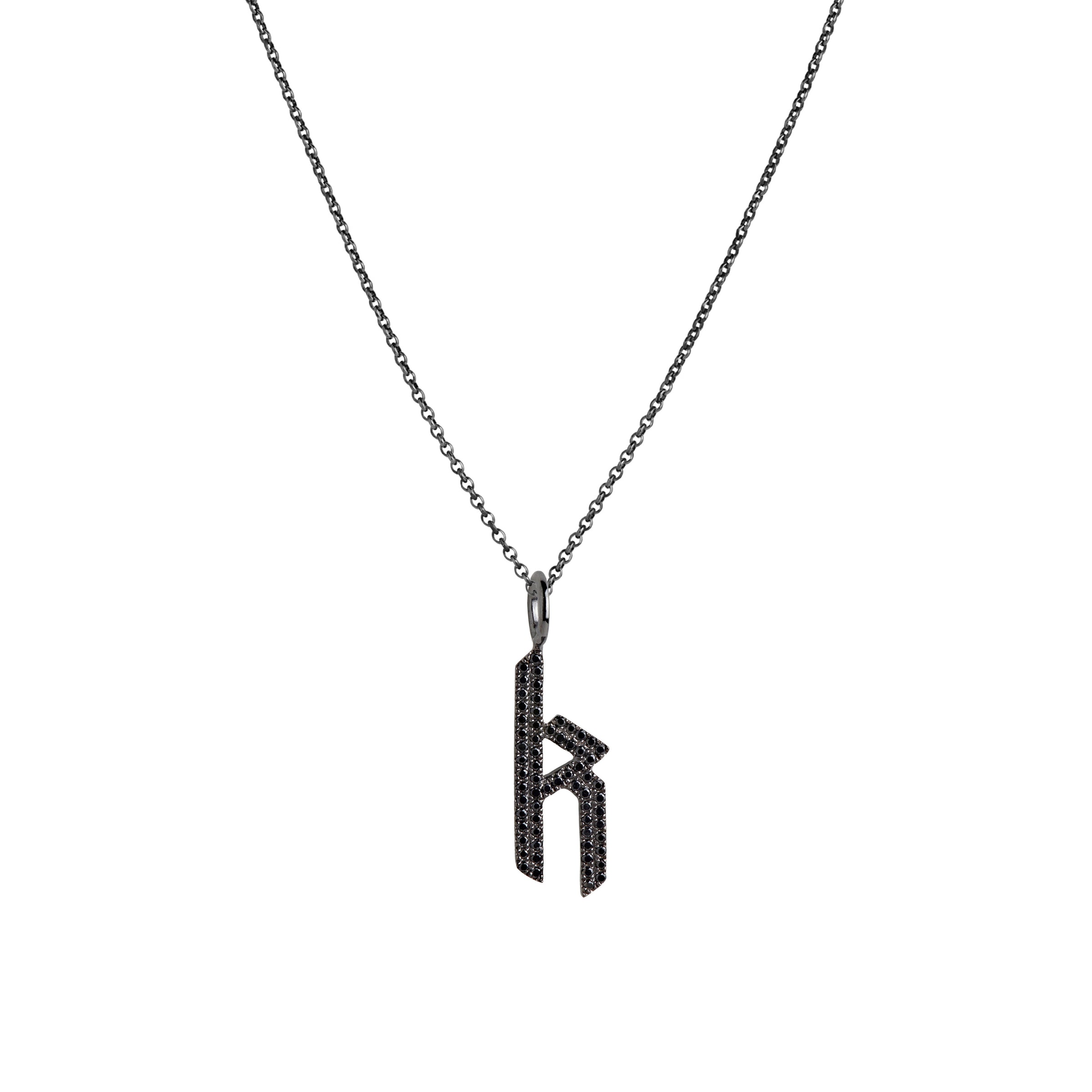 "k" Small Black Diamond Alphabet Necklace: A black gold diamond alphabet pendant with the letter 'k' with a chain