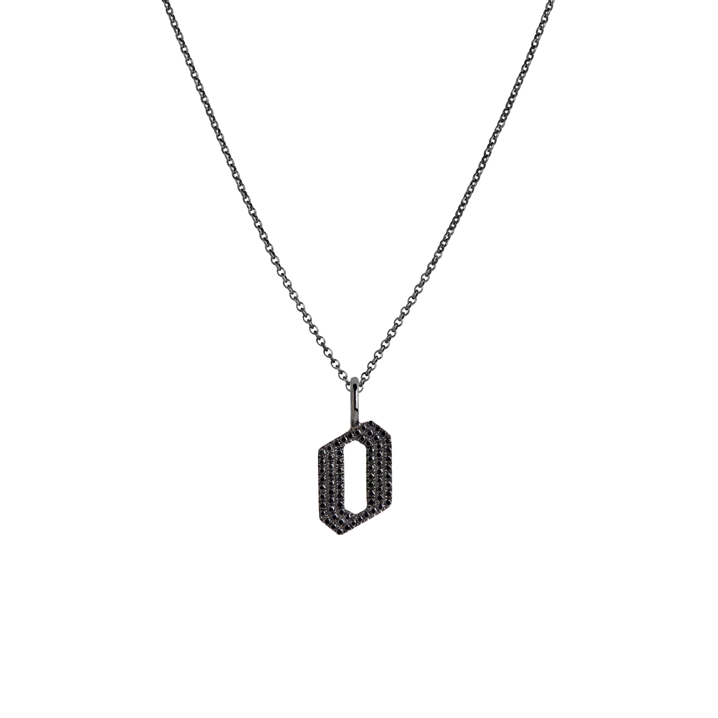 "o" Small Black Diamond Alphabet Necklace: A black gold diamond alphabet pendant with the letter 'o' with a chain
