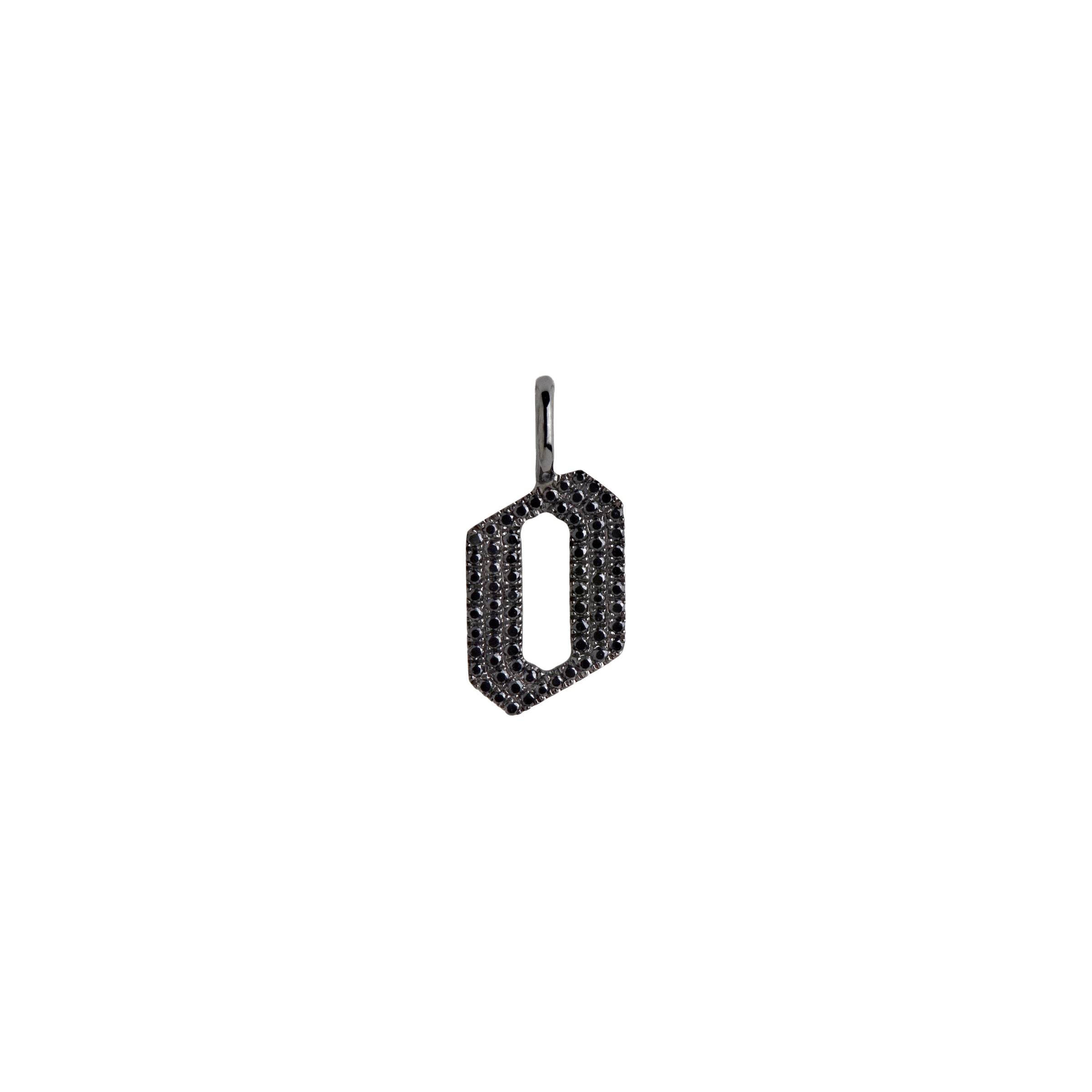 "o" Small Black Diamond Alphabet Pendant: A black gold diamond alphabet pendant with the letter 'o' with a chain