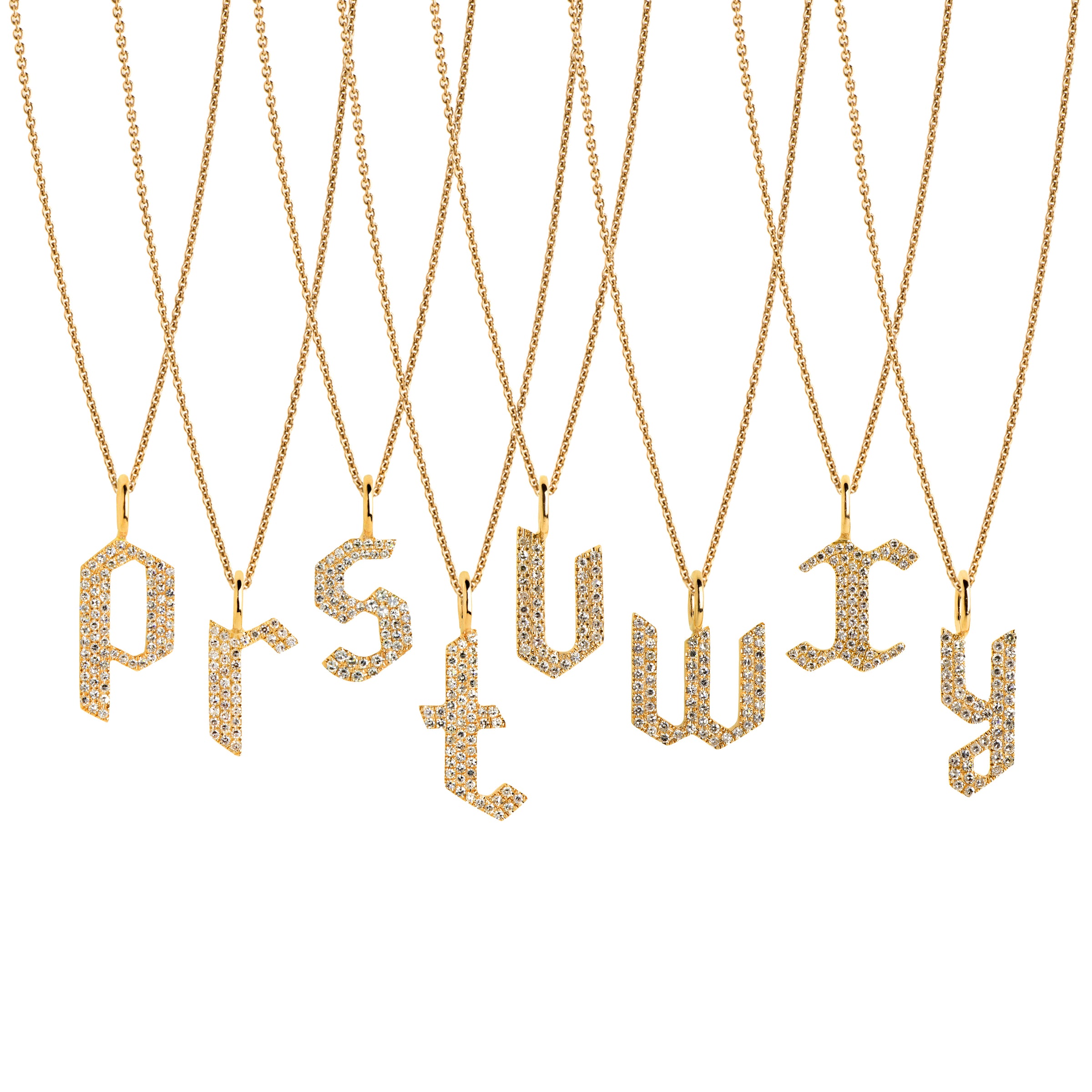 p - y Small White Diamond Alphabet Necklaces: A series of 14K gold necklaces with white diamond letters, adjustable in length and featuring a lobster clasp fastening.