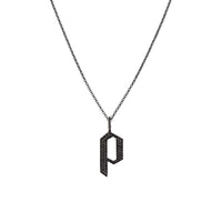 "p" Small Black Diamond Alphabet Necklace: A black gold diamond alphabet pendant with the letter 'p' with a chain