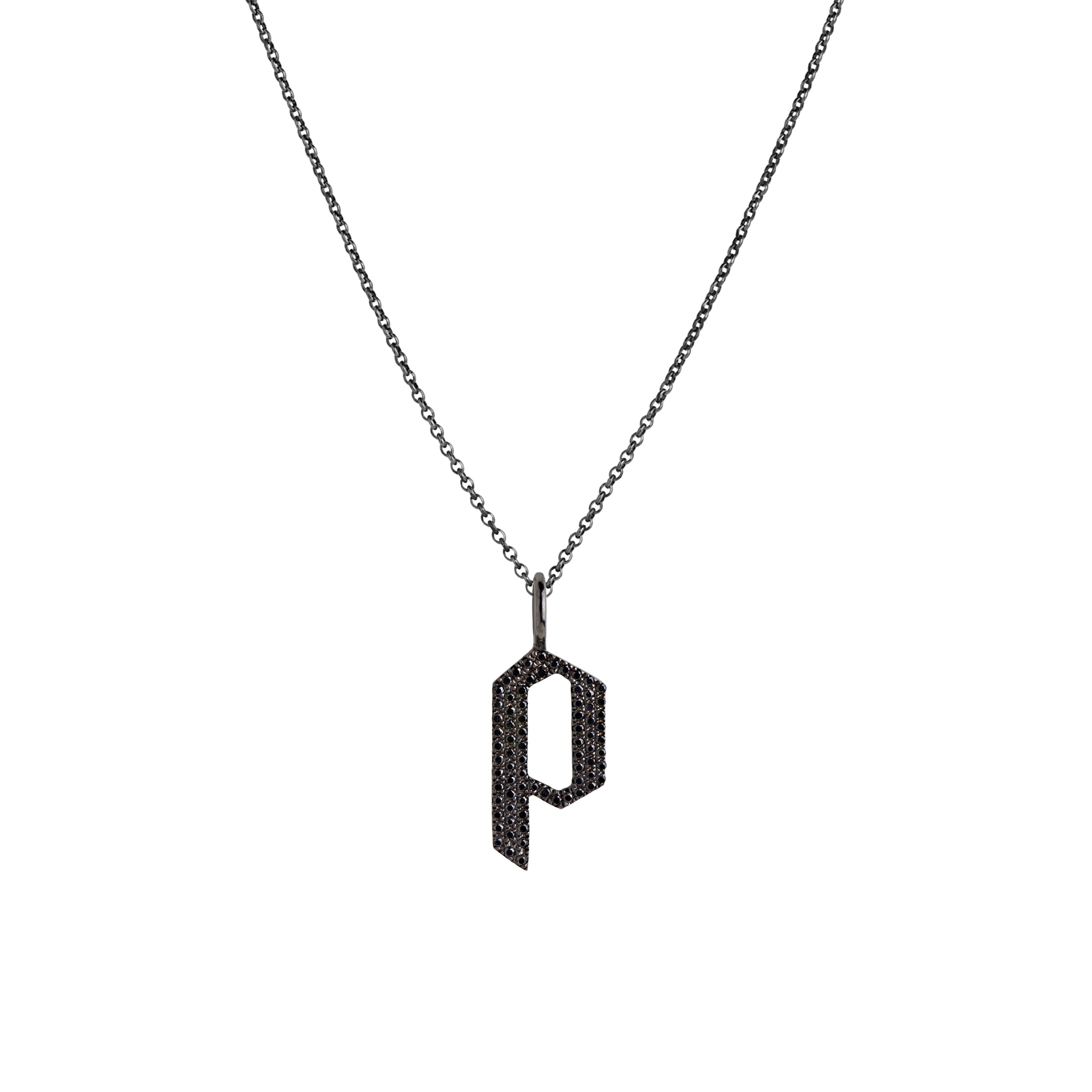 "p" Small Black Diamond Alphabet Necklace: A black gold diamond alphabet pendant with the letter 'p' with a chain