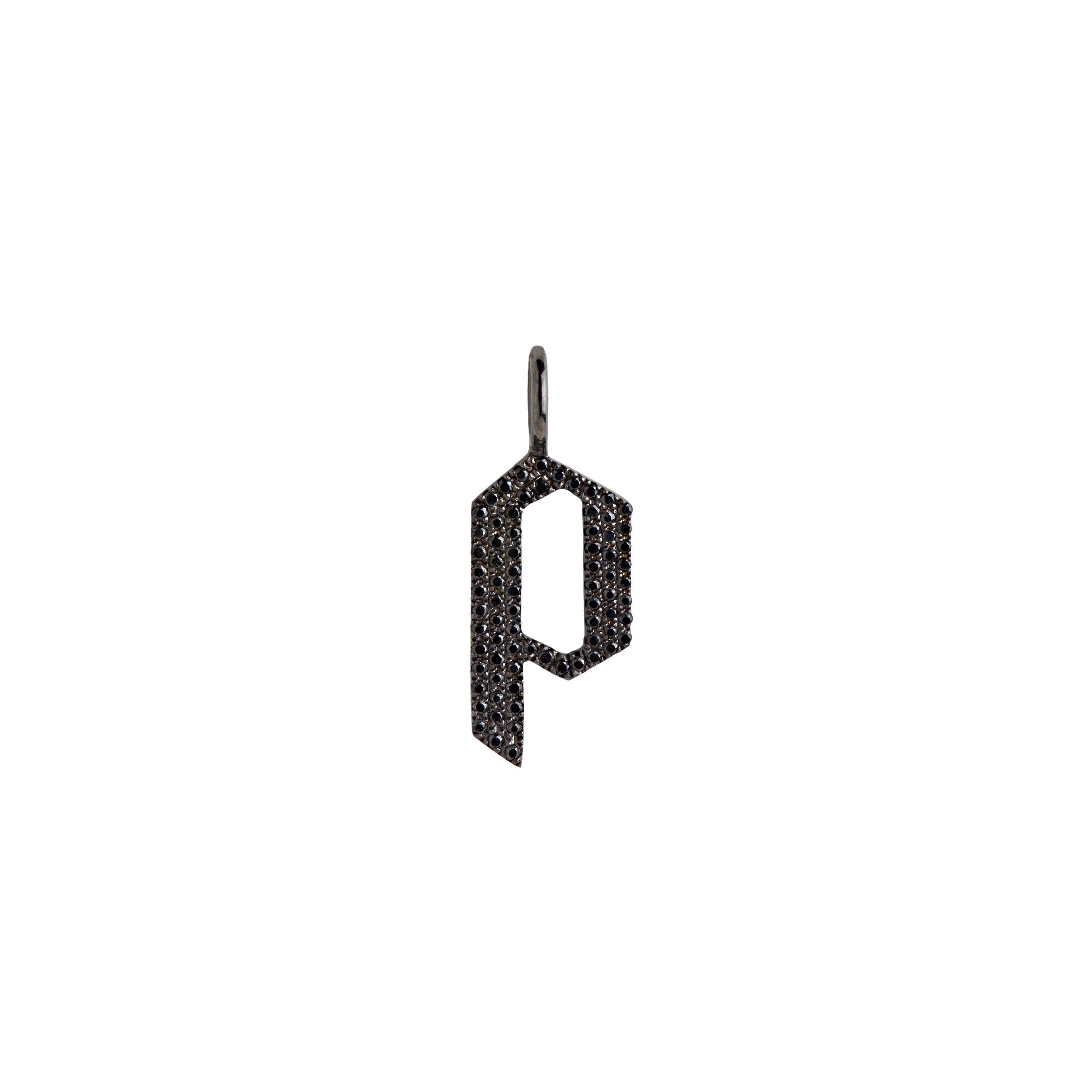 "p" Small Black Diamond Alphabet Pendant: A black gold diamond alphabet pendant with the letter 'p' with a chain