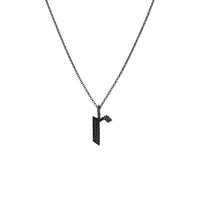 "r" Small Black Diamond Alphabet Necklace: A black gold diamond alphabet pendant with the letter 'r' with a chain