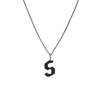"s" Small Black Diamond Alphabet Necklace: A black gold diamond alphabet pendant with the letter 's' with a chain
