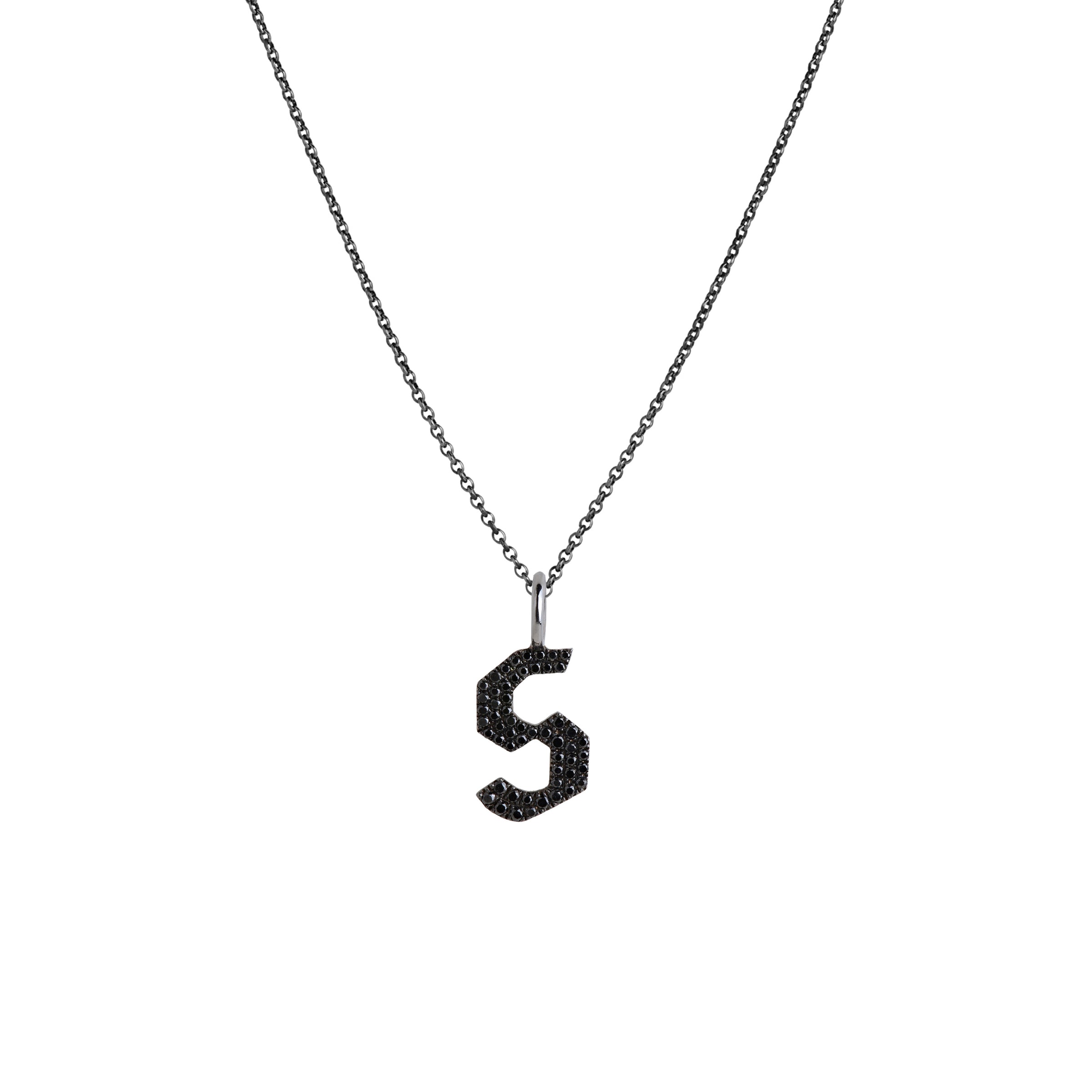 "s" Small Black Diamond Alphabet Necklace: A black gold diamond alphabet pendant with the letter 's' with a chain