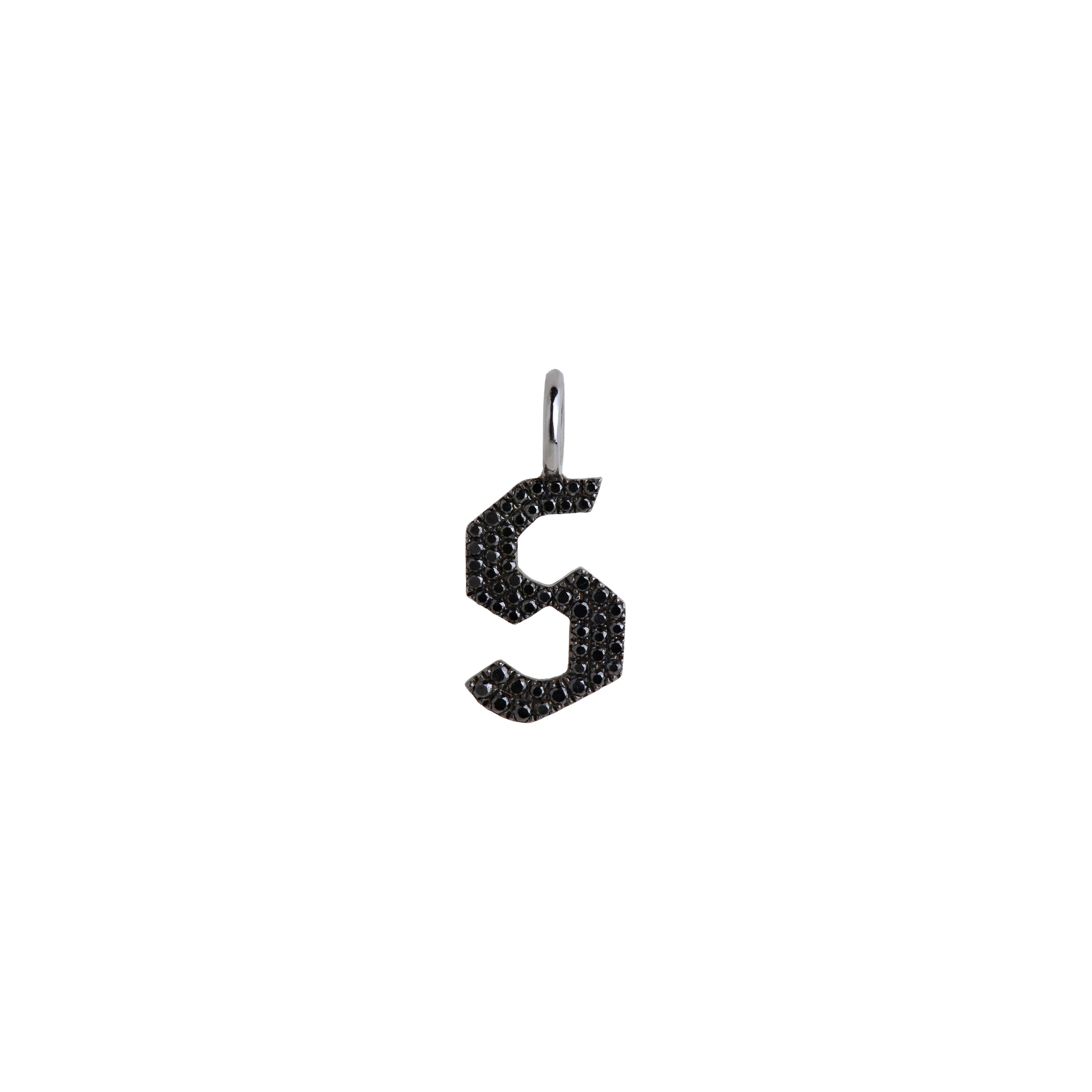"s" Small Black Diamond Alphabet Pendant: A black gold diamond alphabet pendant with the letter 's' with a chain