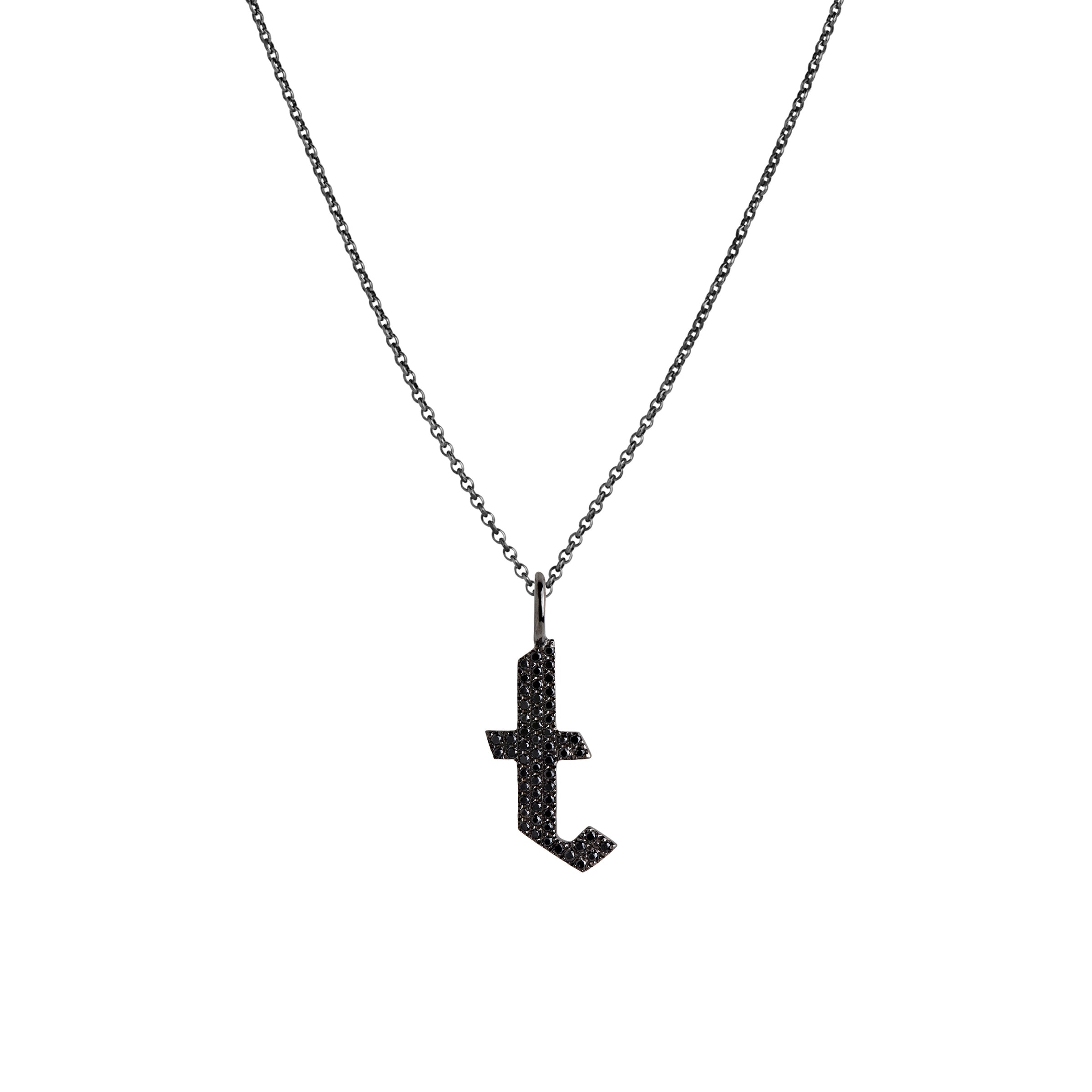 "t" Small Black Diamond Alphabet Necklace: A black gold diamond alphabet pendant with the letter 't' with a chain