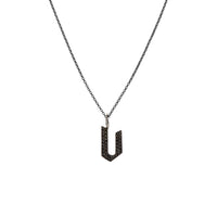 "v" Small Black Diamond Alphabet Necklace: A black gold diamond alphabet pendant with the letter 'v' with a chain