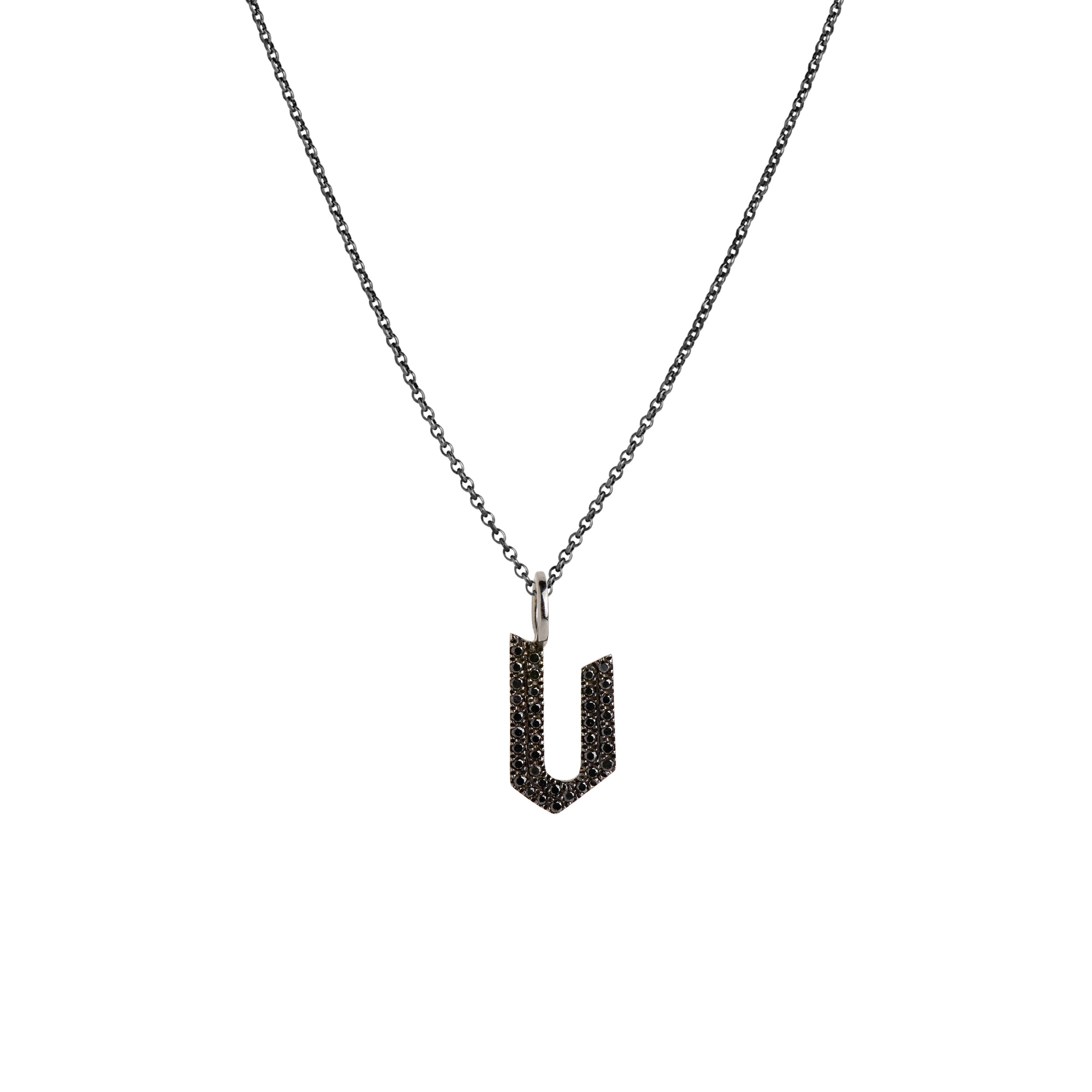 "v" Small Black Diamond Alphabet Necklace: A black gold diamond alphabet pendant with the letter 'v' with a chain