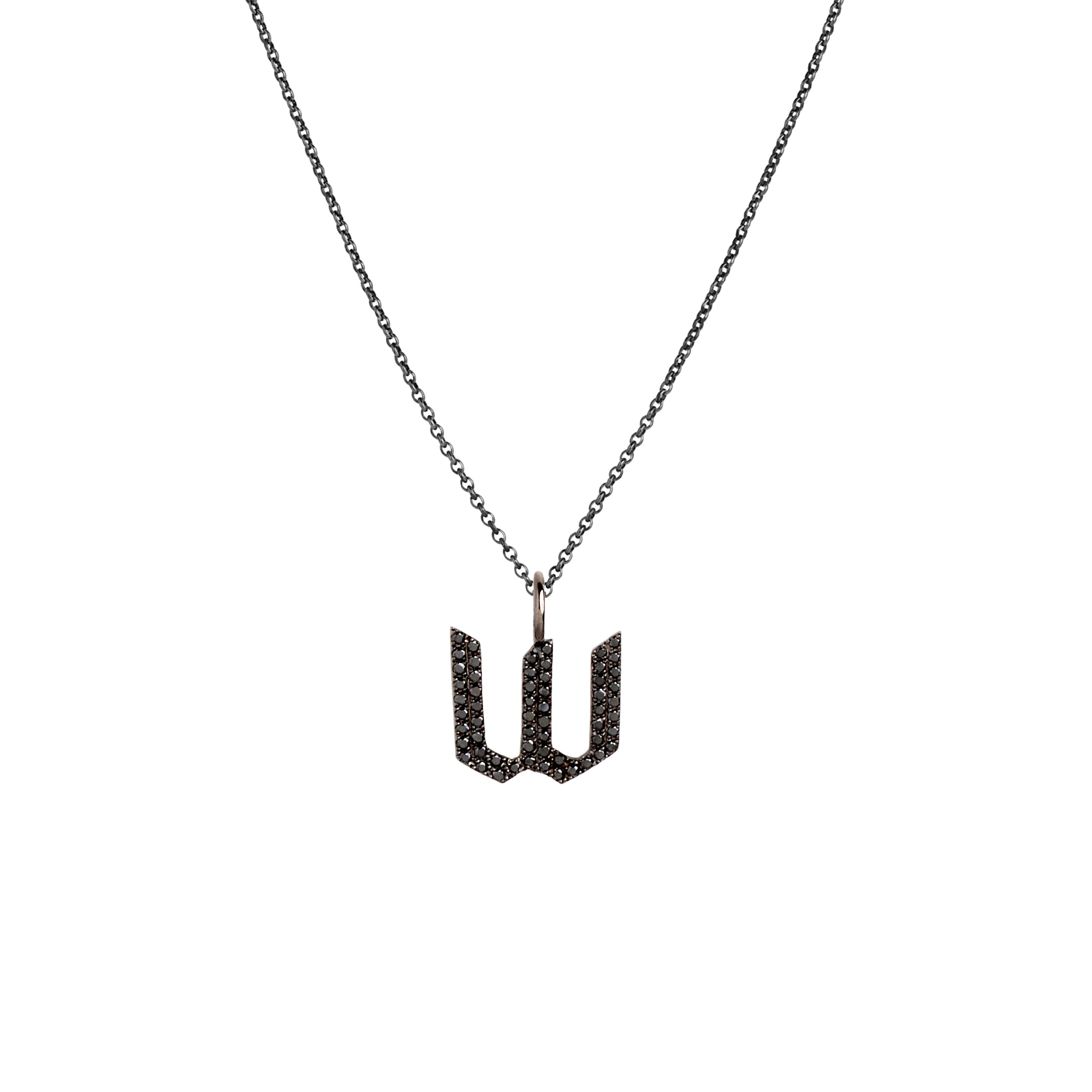 "w" Small Black Diamond Alphabet Necklace: A black gold diamond alphabet pendant with the letter 'w' with a chain