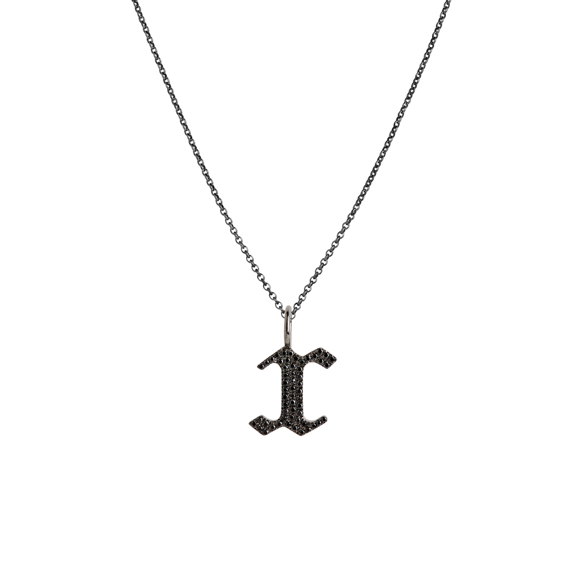 "x" Small Black Diamond Alphabet Necklace: A black gold diamond alphabet pendant with the letter 'x' with a chain
